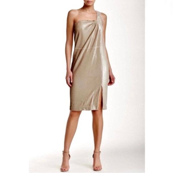 NEW HALSTON HERITAGE ONE-SHOULDER TWIST DRAPE SEQUIN MINI DRESS - Picture 8 of 8